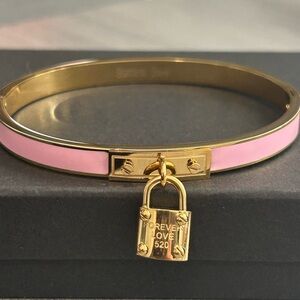 NWOT|Designer Inspired Lock Bangle Bracelet|18K Gold Filled|Pink Enamel